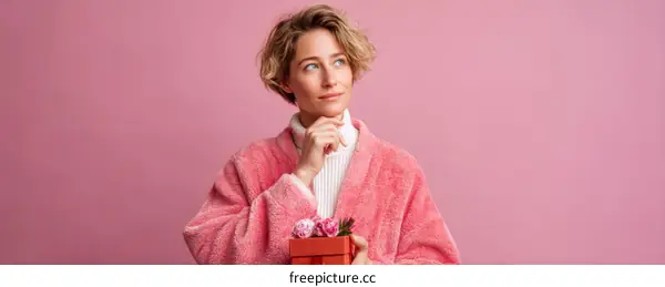 Thoughtful Woman Holding a Gift Box in Pink Robe