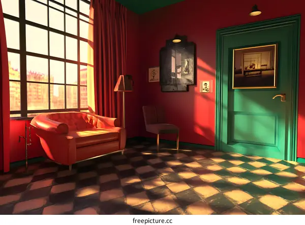 Red Room Interior with Checkered Floor and Large Window