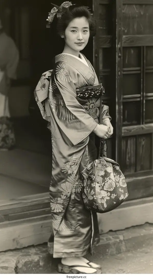 Japanese Woman in Traditional Kimono Standing at a Doorway
