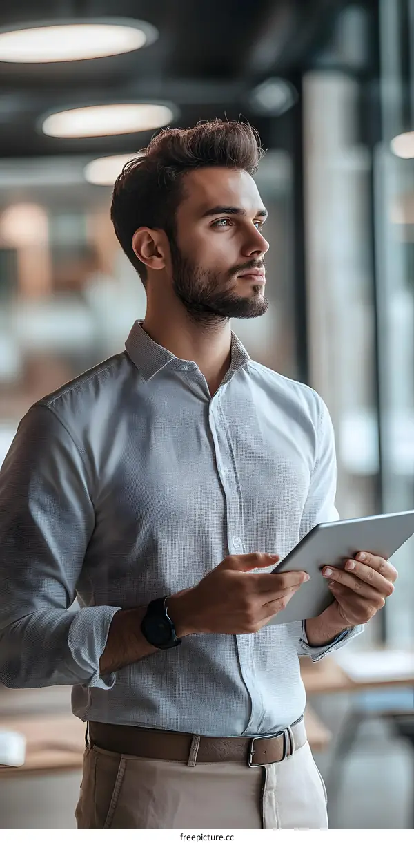 Young Caucasian Man Standing Indoors and Looking Out the Window While Holding a Tablet