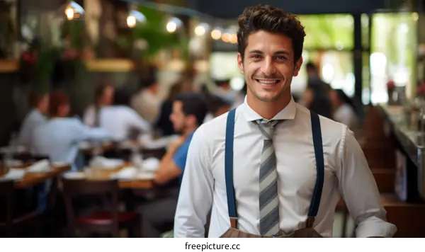 portrait of a young male waiter in a restaurant