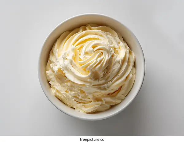 Bowl of whipped cream on white background