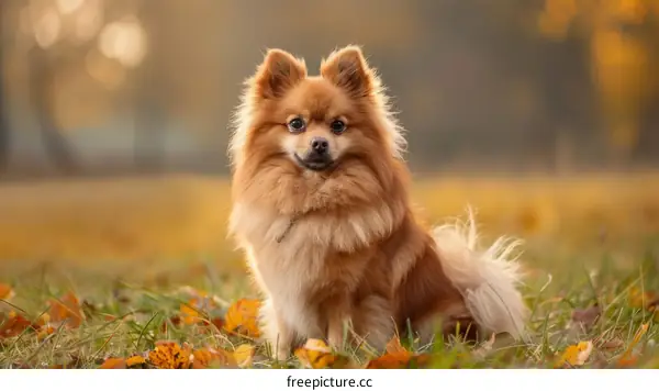 A fluffy brown Pomeranian dog sits in a field of fallen leaves