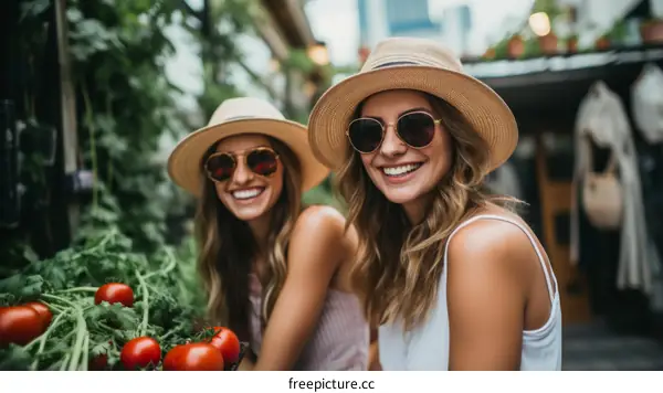 Two young women wearing hats and sunglasses are smiling at the camera