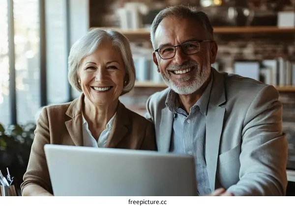 Smiling Senior Couple Working on Laptop in Cafe