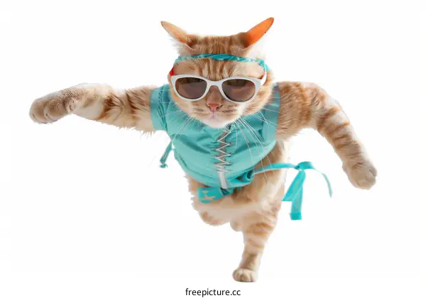 Cat wearing sunglasses and a blue vest