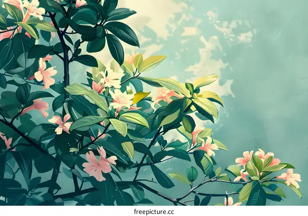 Blooming Flowers with Green Leaves and Light Blue Sky