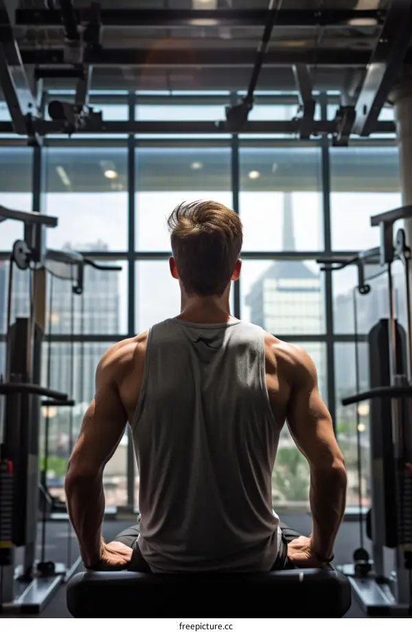 muscular man looking out of the window in the gym