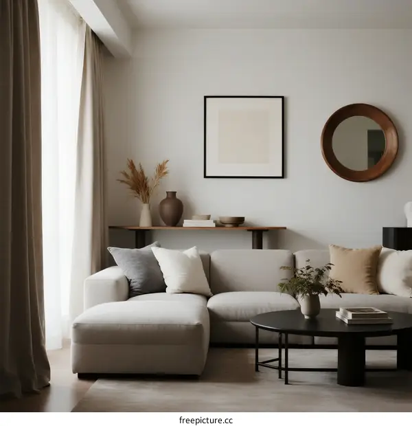 Modern living room with neutral color palette and minimalist decor