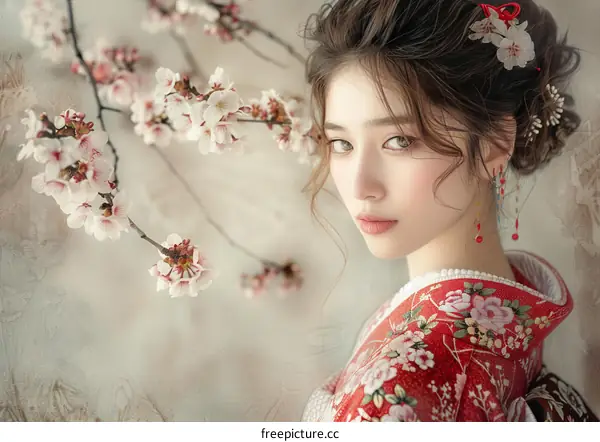 Portrait of a beautiful Asian woman in traditional Japanese kimono with pink cherry blossoms