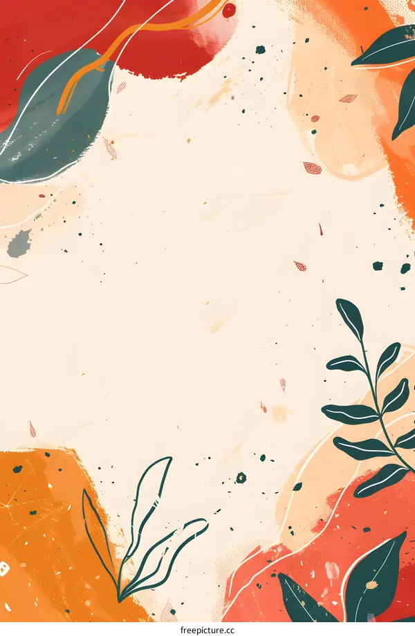 Abstract Floral Background with Green Leaves and Orange Paint Splashes