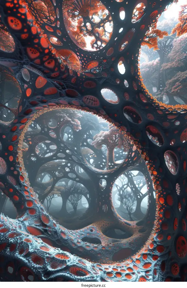 Mystical Organic Structure in Foggy Forest