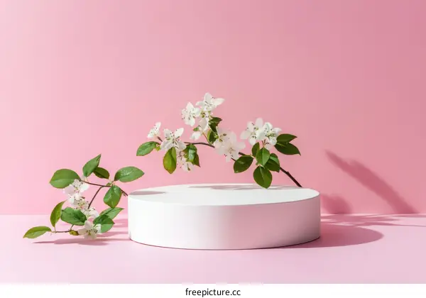 White Round Display Podium with Blooming Spring Flowers