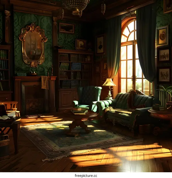 Elegant Library Interior Design with Green Walls and a Large Window