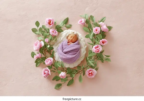 A Newborn Baby Girl Wrapped in Lavender Swaddle Nestled Among Pink Roses