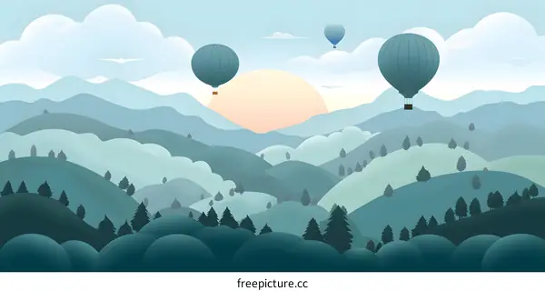 Blue Mountain Landscape With Hot Air Balloons Illustration