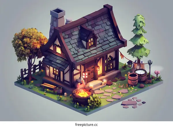 Low Poly Style Cottage With Fire