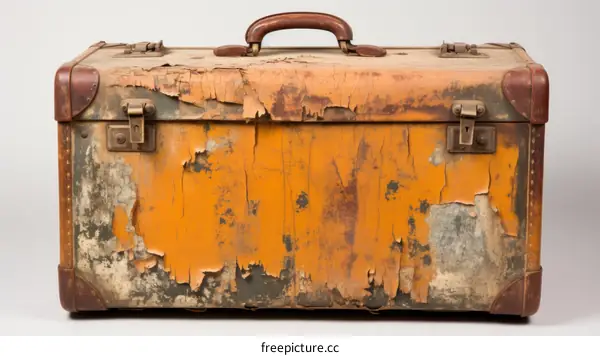Vintage brown suitcase with peeling yellow paint