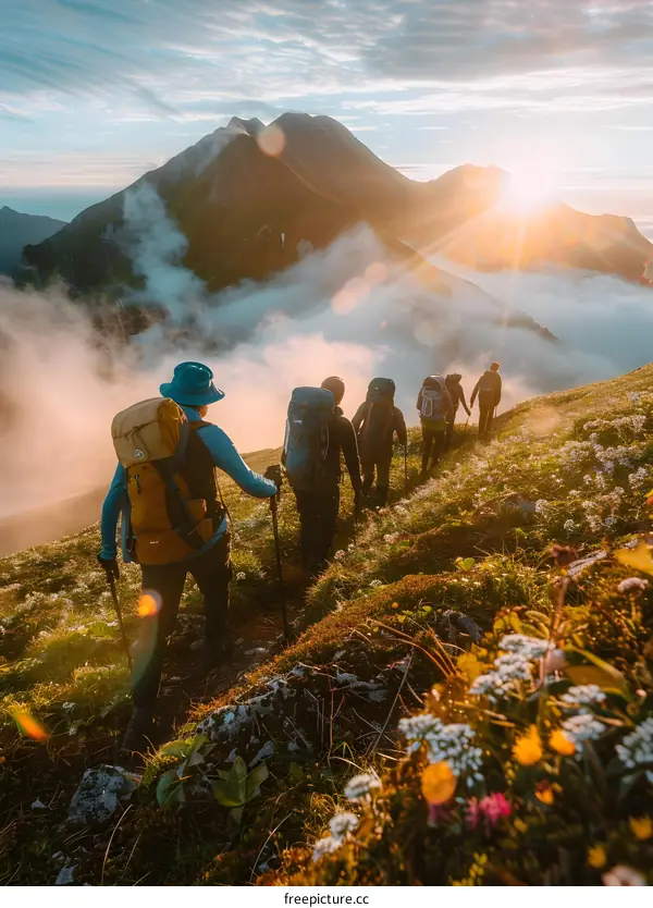 Group of Hikers Ascending Mountain Ridge at Sunset