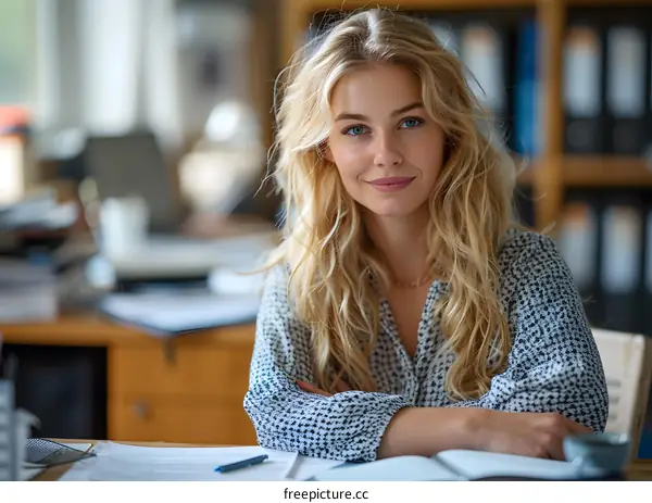 Blonde Woman Sitting at Desk with Confident Smile