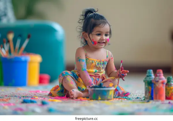 Toddler girl covered in paint smiling while sitting on the floor