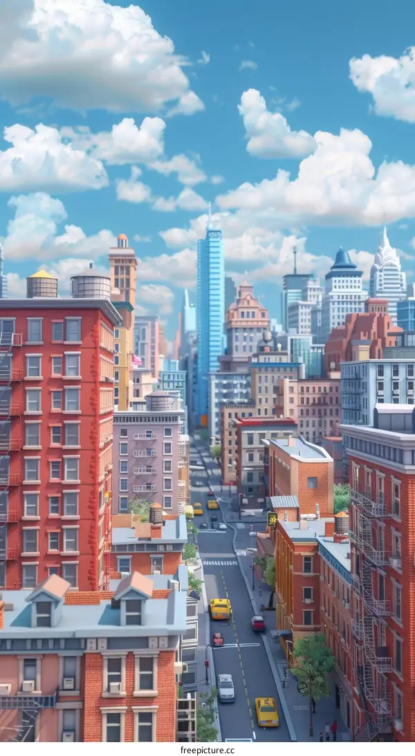 Colorful Cartoon Cityscape with Skyscrapers