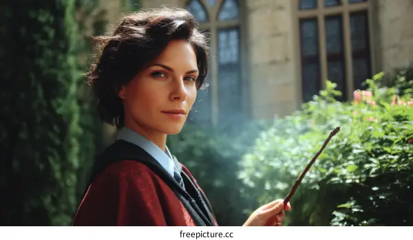 Female Professor Holding Wand in Courtyard