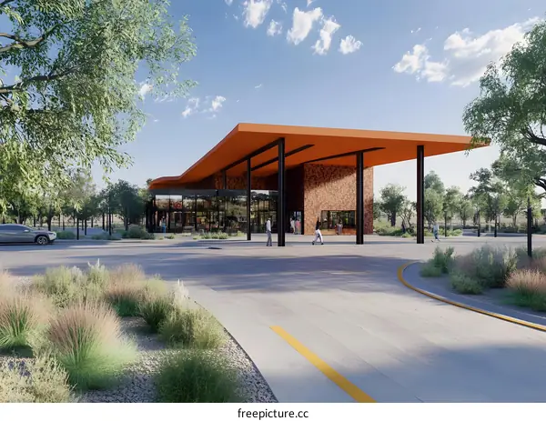 Modern Building with Orange Canopy and People