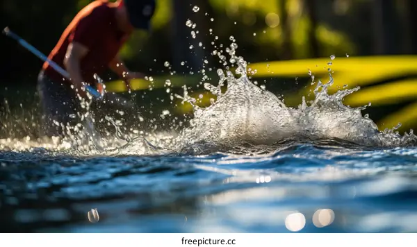 Man playing golf and hitting golf ball into water hazard creating a big splash