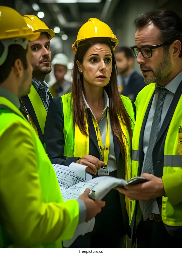 Construction Workers Discuss Project Plans During Meeting