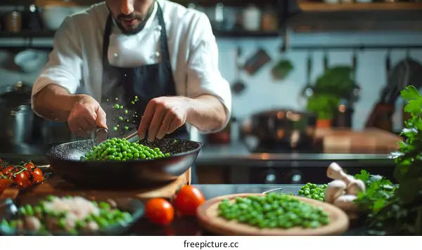 Chef is cooking green peas in a pan