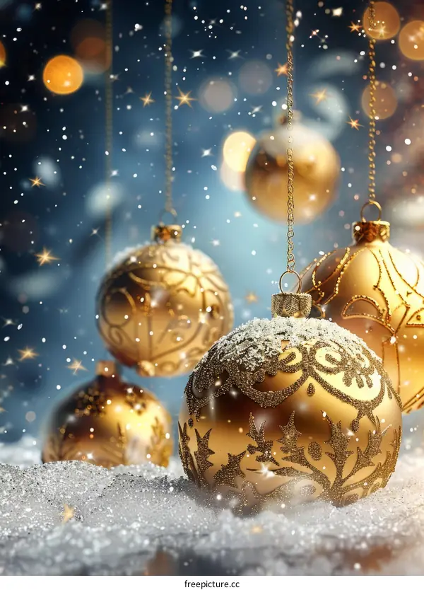 Golden Christmas Balls Hanging on Chains with Blurred Lights in the Background