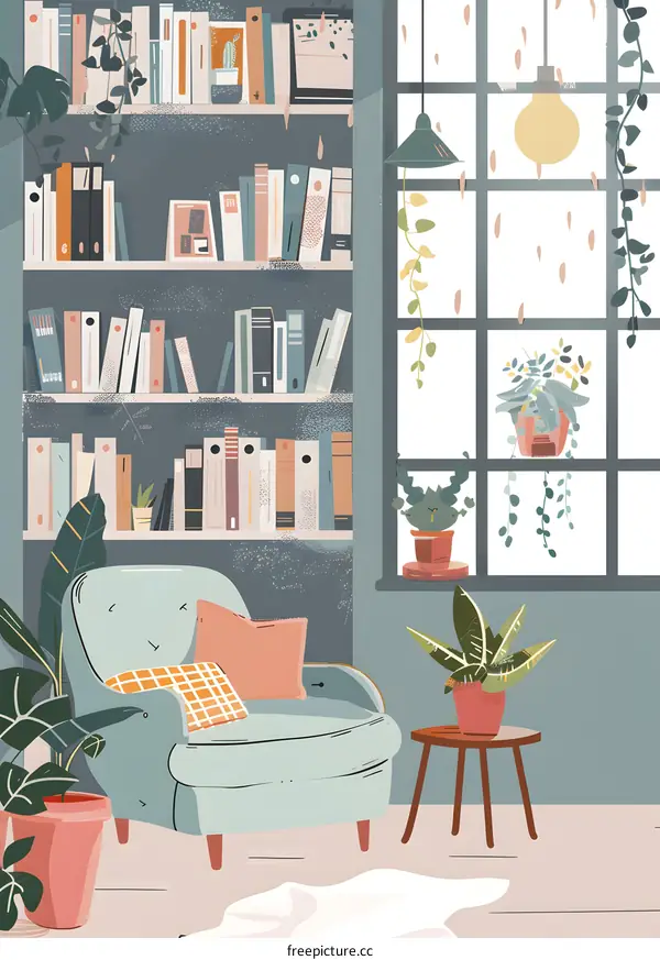 Cozy Living Room with Bookshelf and Window