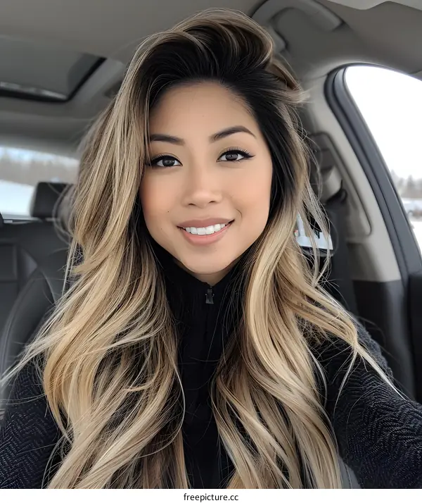 portrait of a beautiful young asian woman with long brown hair smiling in a car