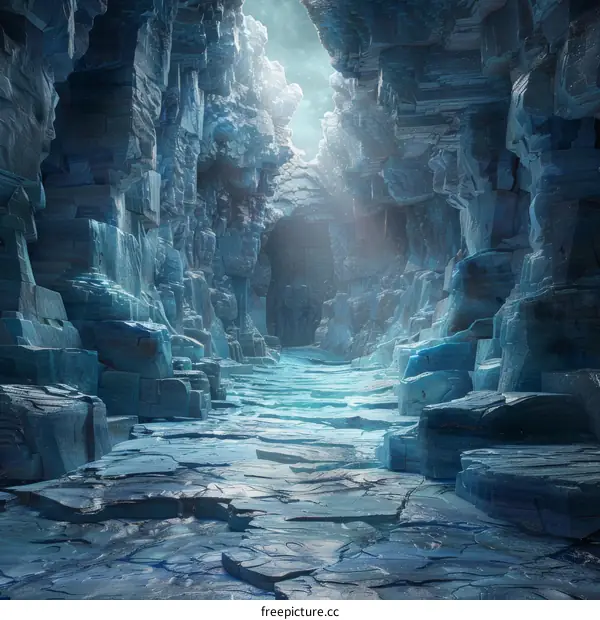 Mystical Blue Ice Cave with Light at the End