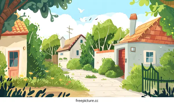 Colorful Houses in a Summer Village Illustration