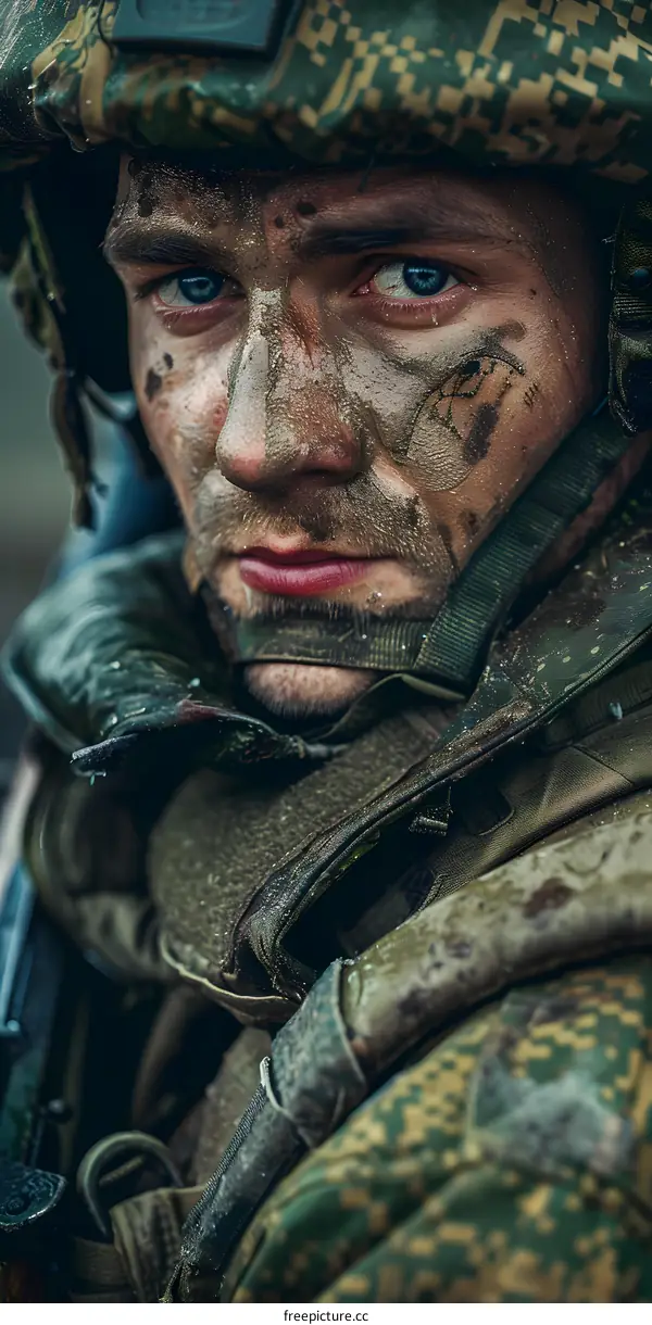 Portrait of a soldier with blue eyes and a camouflage helmet