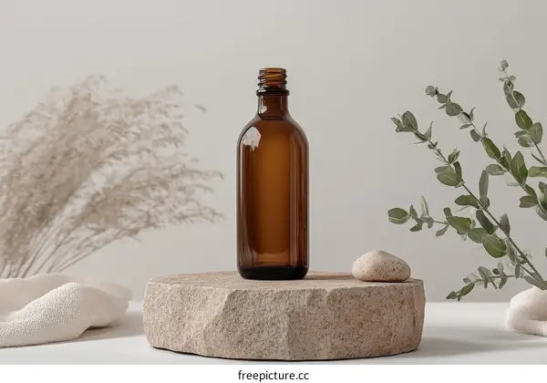 Natural Aesthetic Product Display with a Brown Glass Bottle