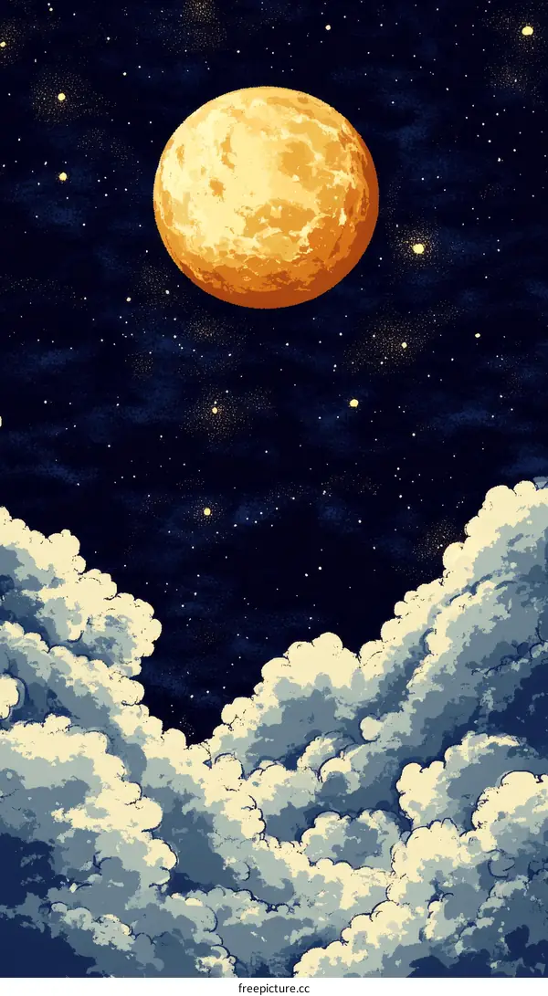Celestial Night Sky with Orange Moon and Clouds