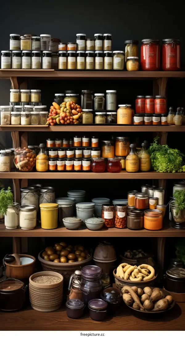 A wooden shelf filled with a variety of food items such as spices, pasta, fruits, vegetables, and sauces