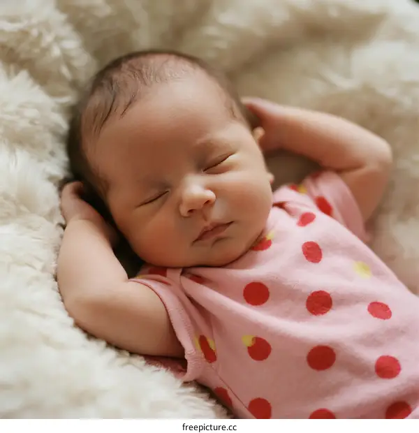 Newborn baby girl sleeping peacefully on soft white blanket
