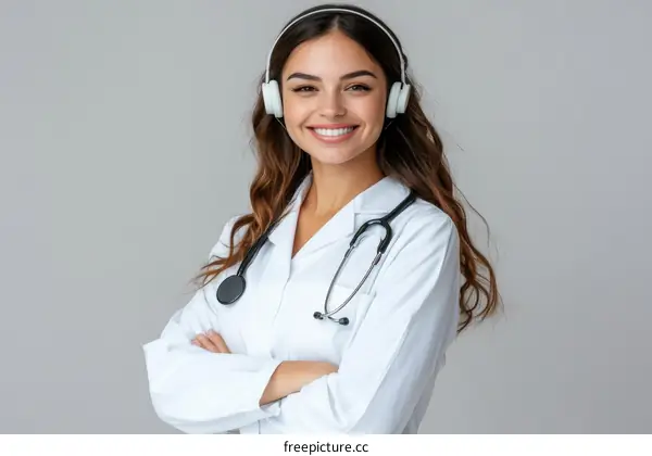 Smiling female doctor with headphones
