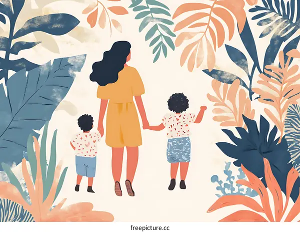 Mother and Two Children Walking Through Tropical Foliage