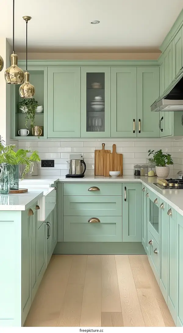 Modern Light Green Kitchen with Oak Flooring