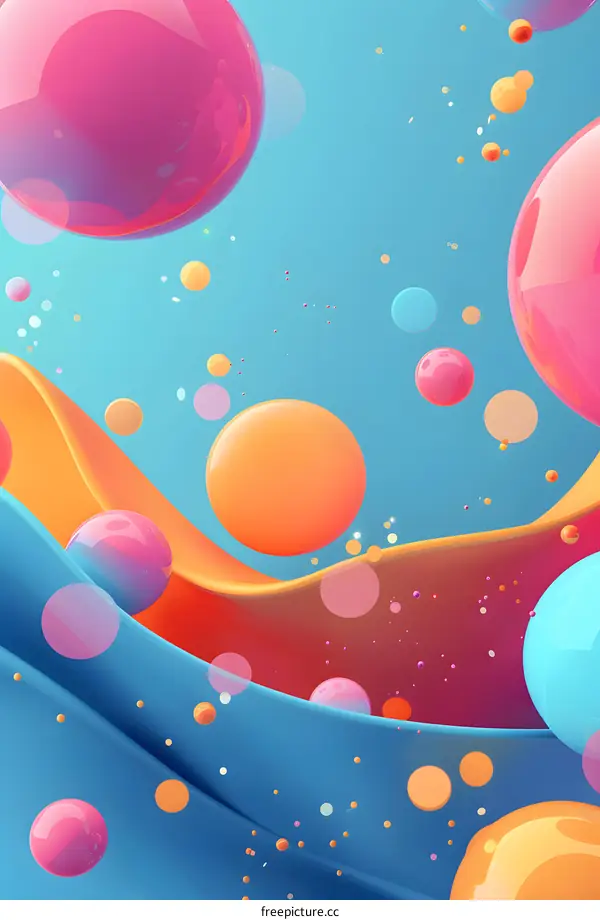 Abstract 3D Rendered  Colorful Spheres and Waves on a Blue Background