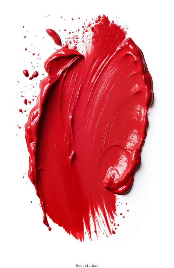 Red blob of acrylic paint with paint droplets