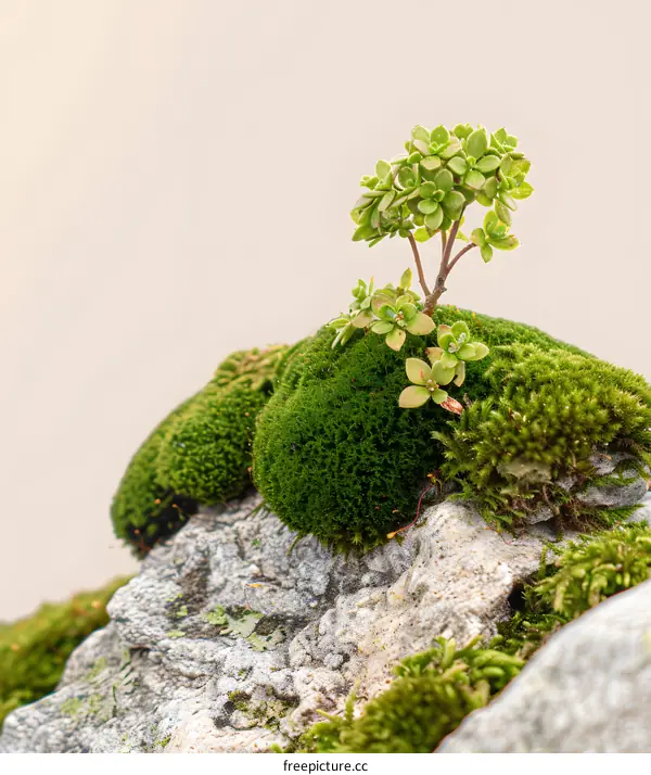 Green Moss and Small Plant on Grey Stone