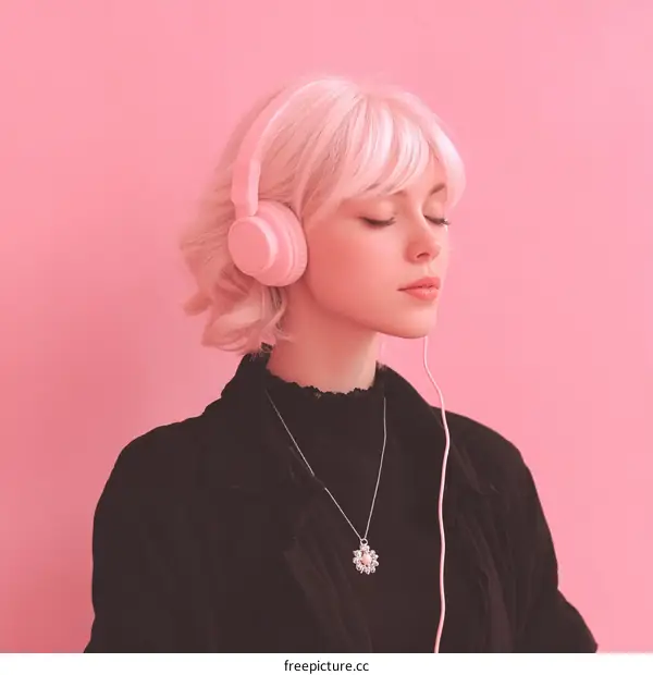 Teenage Girl Listening to Music with Pink Headphones