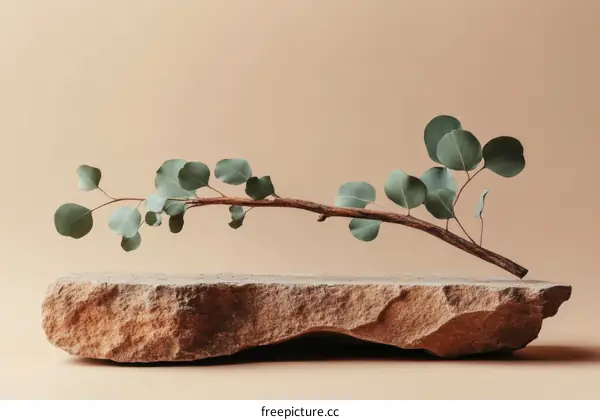 Minimalist Eucalyptus Branch on Stone Platform