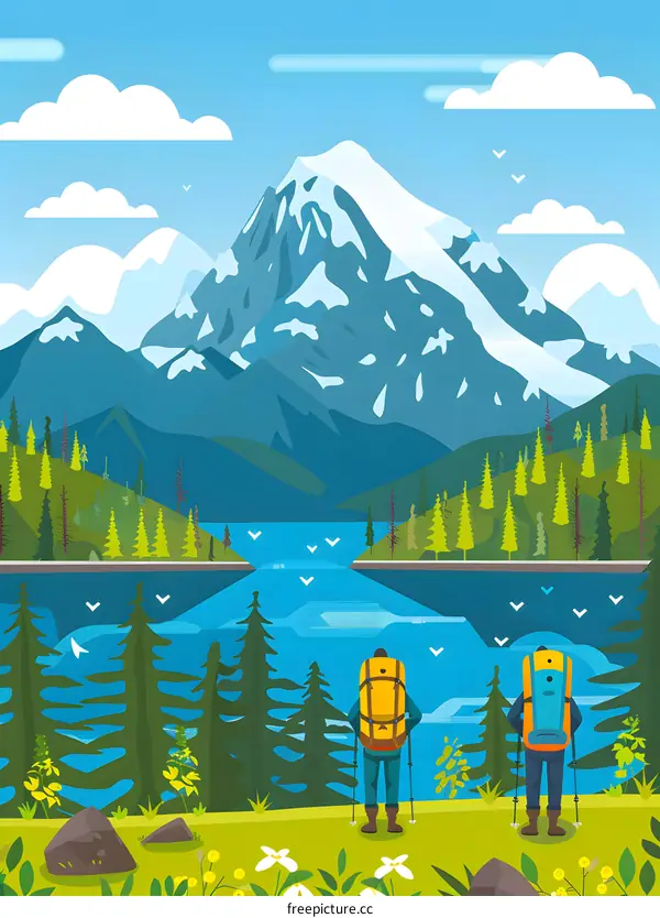 Two Hikers Enjoying the View of a Mountain Lake